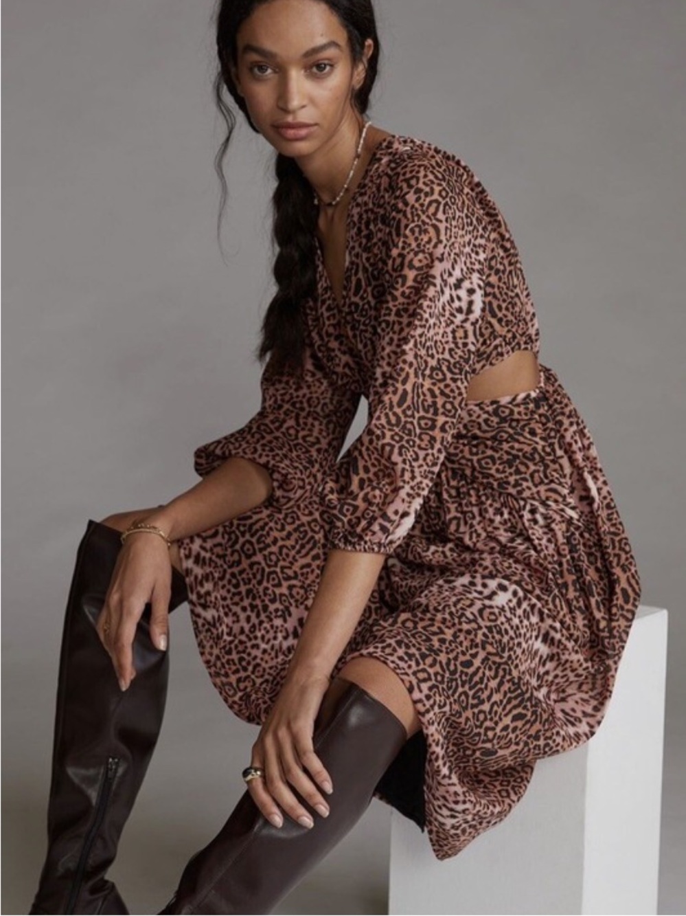 Anthropologie Ranna Gill Brown Leopard Cutout Midi Dress - Picture 9 of 9